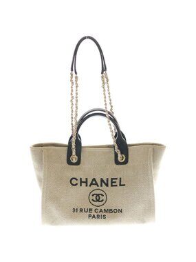 Chanel Deauville MM Canvas Leather Gold 2-Way Handbag Chain Tote Beige Black